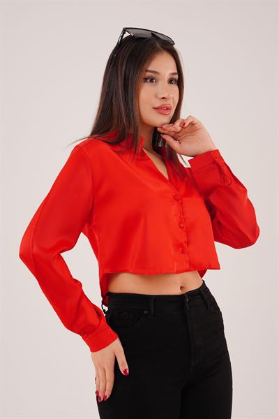 Saten Görünümlü Crop Model Kırmızı Gömlek