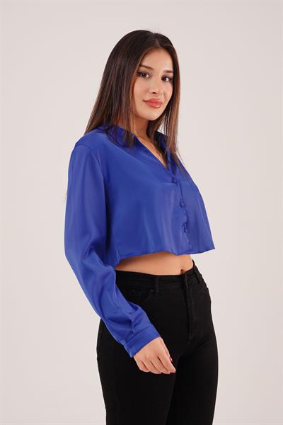 Saten Görünümlü Crop Model Saks Gömlek