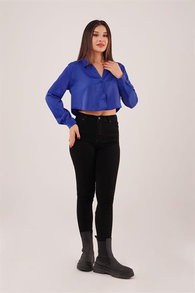 Saten Görünümlü Crop Model Saks Gömlek