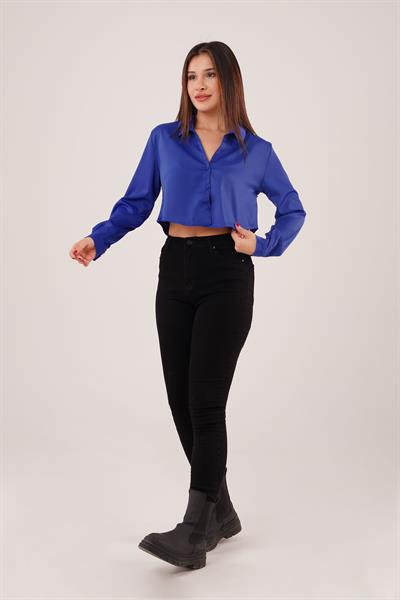 Saten Görünümlü Crop Model Saks Gömlek