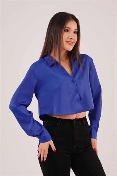 Saten Görünümlü Crop Model Saks Gömlek