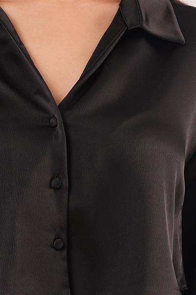 Saten Görünümlü Crop Model Siyah Gömlek