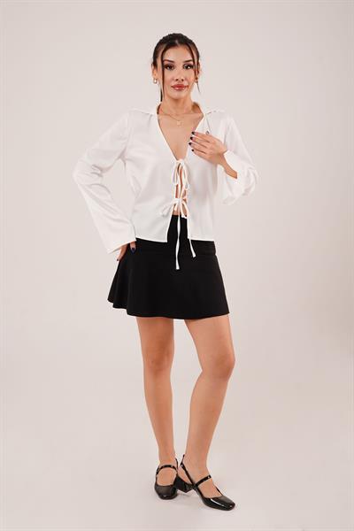 Saten Önden Bağlamalı Beyaz Elegance Bluz