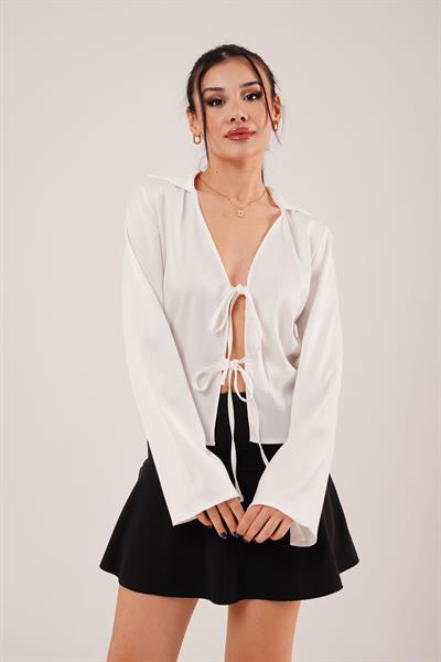 Saten Önden Bağlamalı Beyaz Elegance Bluz