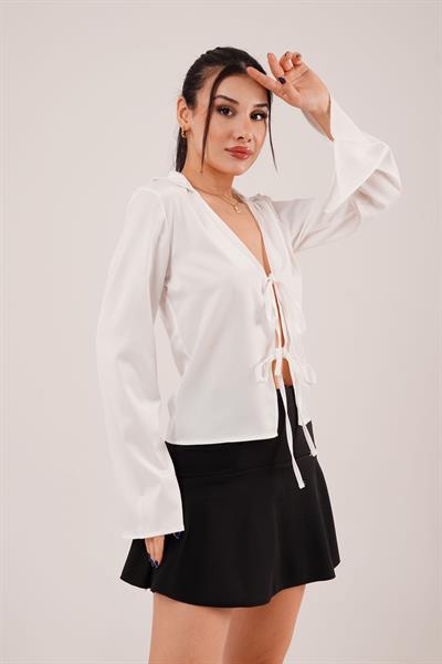 Saten Önden Bağlamalı Beyaz Elegance Bluz