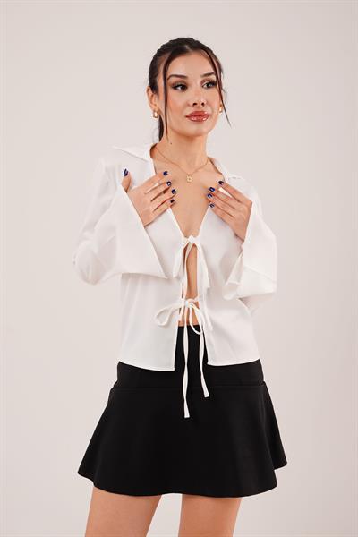 Saten Önden Bağlamalı Beyaz Elegance Bluz