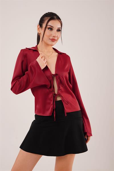 Saten Önden Bağlamalı Bordo Elegance Bluz