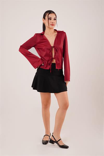 Saten Önden Bağlamalı Bordo Elegance Bluz