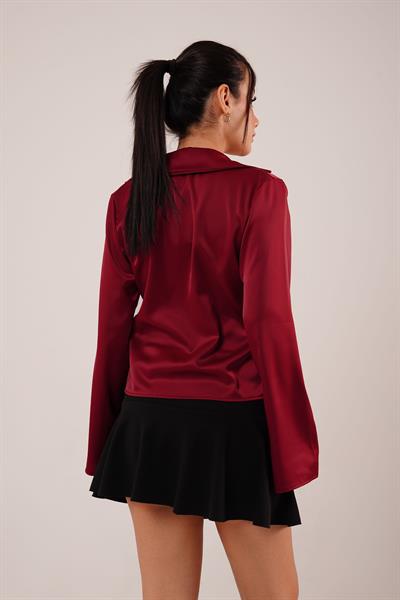 Saten Önden Bağlamalı Bordo Elegance Bluz