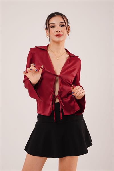 Saten Önden Bağlamalı Bordo Elegance Bluz