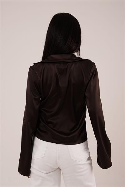 Saten Önden Bağlamalı Kahve Elegance Bluz