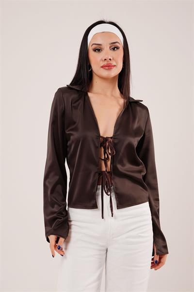 Saten Önden Bağlamalı Kahve Elegance Bluz