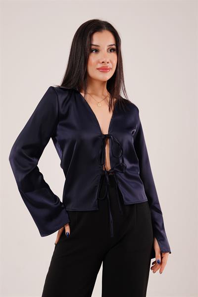 Saten Önden Bağlamalı Lacivert Elegance Bluz