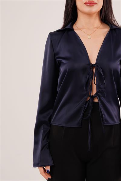 Saten Önden Bağlamalı Lacivert Elegance Bluz