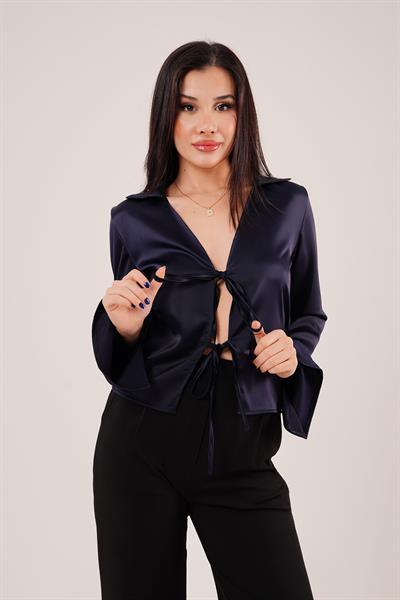 Saten Önden Bağlamalı Lacivert Elegance Bluz