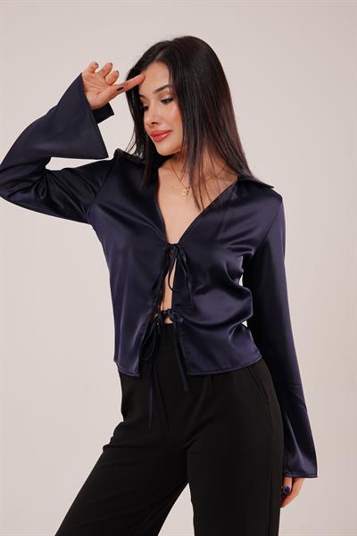 Saten Önden Bağlamalı Lacivert Elegance Bluz