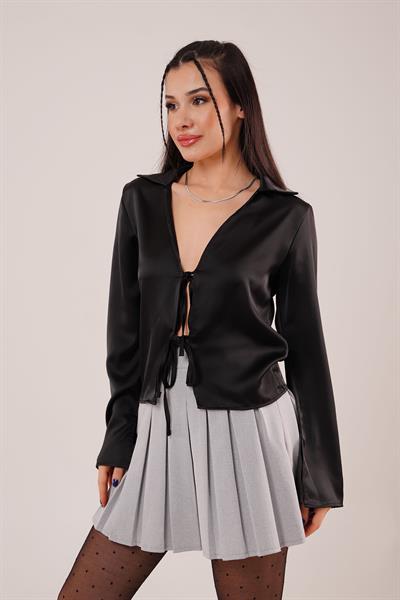 Saten Önden Bağlamalı Siyah Elegance Bluz