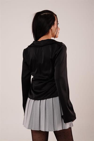 Saten Önden Bağlamalı Siyah Elegance Bluz