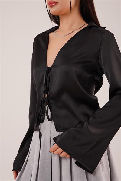 Saten Önden Bağlamalı Siyah Elegance Bluz