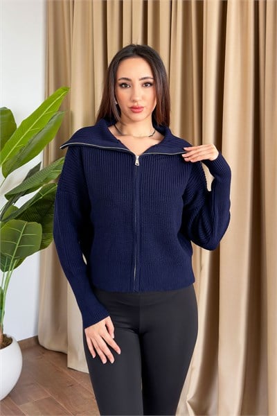 Fermuarlı Yaka Geniş Kesim Lacivert Triko Hırka
