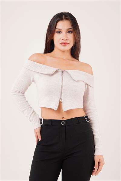 Fermuarlı Açık Omuzlu Bej Hırka Bluz