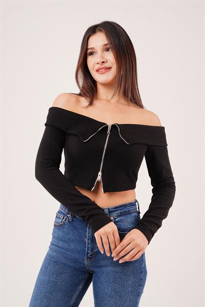 Fermuarlı Açık Omuzlu Siyah Hırka Bluz