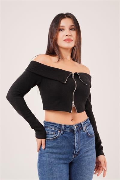 Fermuarlı Açık Omuzlu Siyah Hırka Bluz
