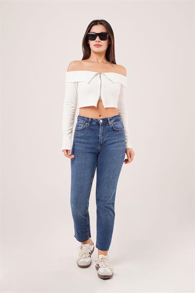 Fermuarlı Açık Omuzlu Beyaz Hırka Bluz