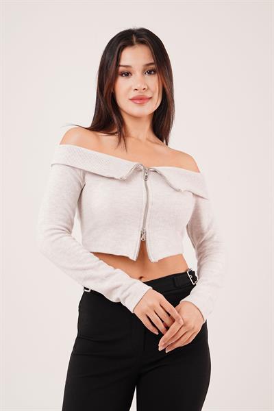 Fermuarlı Açık Omuzlu Bej Hırka Bluz