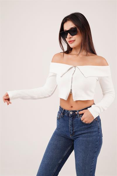 Fermuarlı Açık Omuzlu Beyaz Hırka Bluz