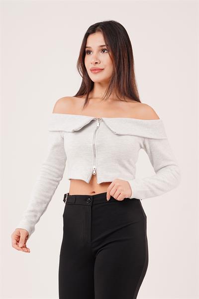 Fermuarlı Açık Omuzlu Gri Hırka Bluz