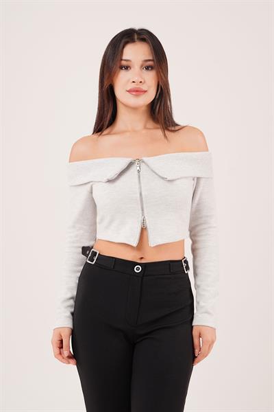 Fermuarlı Açık Omuzlu Gri Hırka Bluz