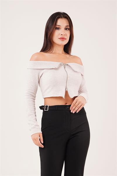 Fermuarlı Açık Omuzlu Bej Hırka Bluz