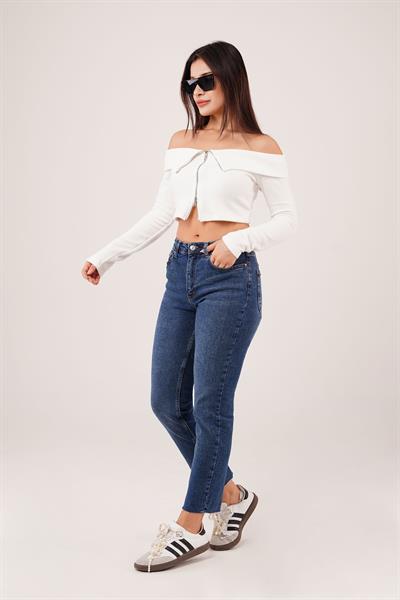 Fermuarlı Açık Omuzlu Beyaz Hırka Bluz
