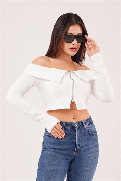Fermuarlı Açık Omuzlu Beyaz Hırka Bluz