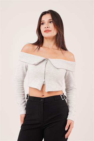 Fermuarlı Açık Omuzlu Gri Hırka Bluz