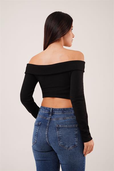 Fermuarlı Açık Omuzlu Siyah Hırka Bluz