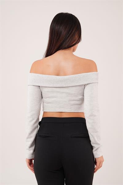 Fermuarlı Açık Omuzlu Gri Hırka Bluz