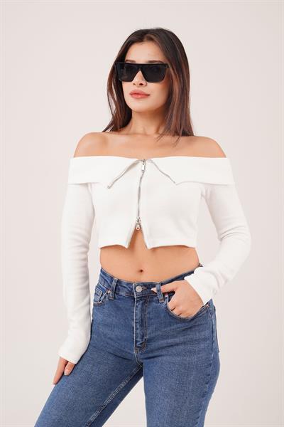 Fermuarlı Açık Omuzlu Beyaz Hırka Bluz
