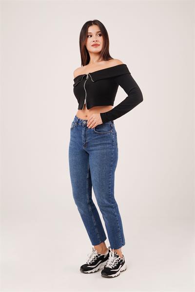 Fermuarlı Açık Omuzlu Siyah Hırka Bluz