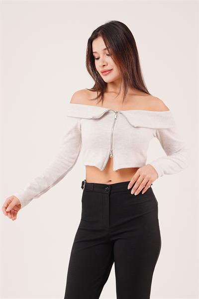 Fermuarlı Açık Omuzlu Bej Hırka Bluz