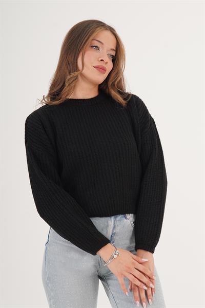 Selanik Örgü Bisiklet Yaka Siyah Kısa Triko Kazak