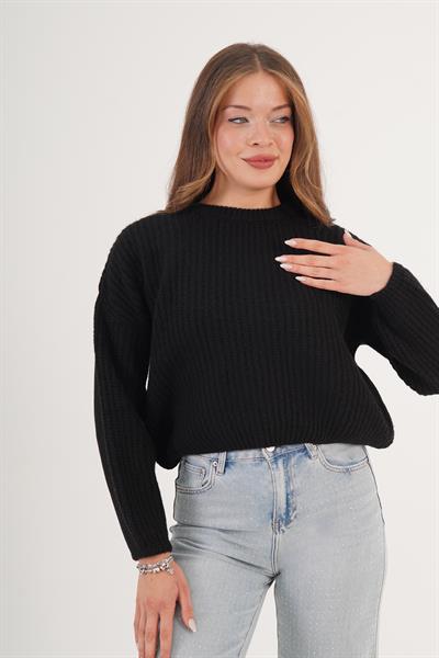 Selanik Örgü Bisiklet Yaka Siyah Kısa Triko Kazak