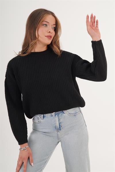 Selanik Örgü Bisiklet Yaka Siyah Kısa Triko Kazak