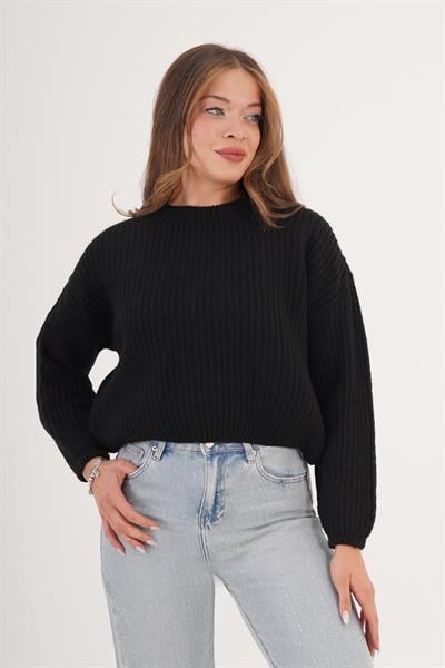 Selanik Örgü Bisiklet Yaka Siyah Kısa Triko Kazak