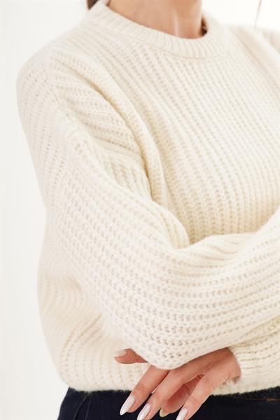 Selanik Örgü Bisiklet Yaka Ekru Kısa Triko Kazak