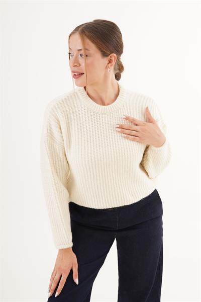 Selanik Örgü Bisiklet Yaka Ekru Kısa Triko Kazak