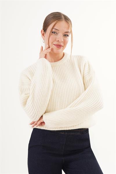 Selanik Örgü Bisiklet Yaka Ekru Kısa Triko Kazak