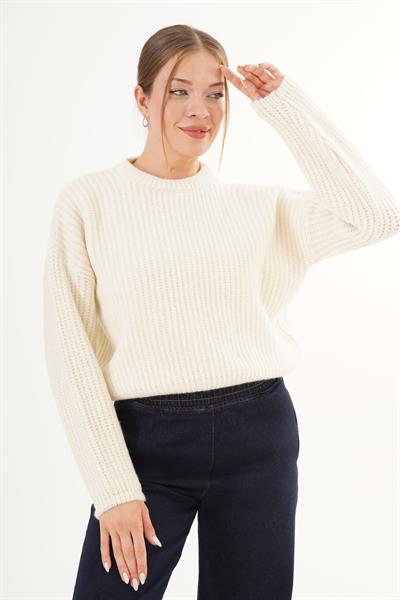 Selanik Örgü Bisiklet Yaka Ekru Kısa Triko Kazak