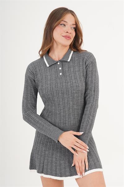 Şerit Detaylı Antrasit Triko İkili Takım